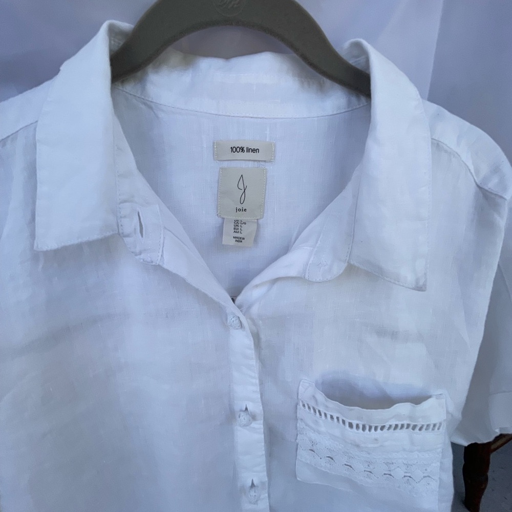 Joie White Linen Button-Front Shirt with Crochet Pocket